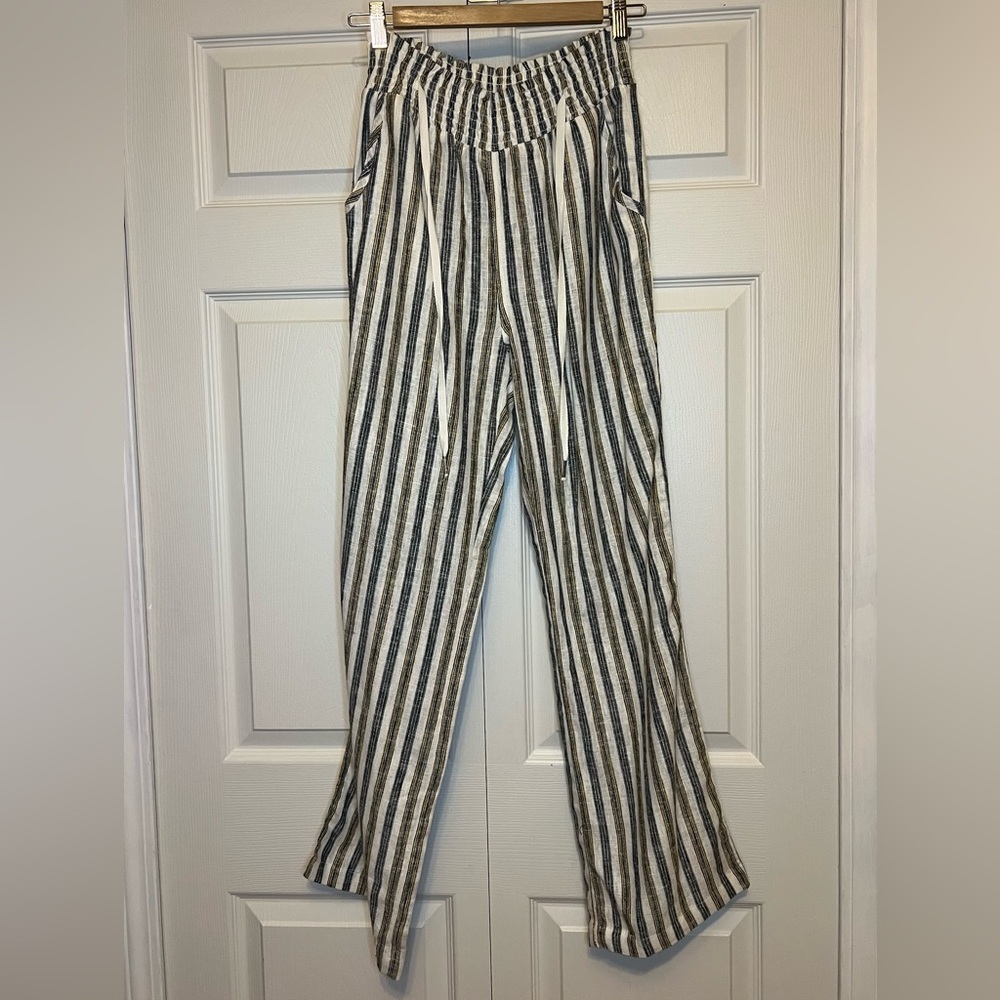Love Tree Striped White Blue Yellow Linen Drawstring Pants NWT Size M - Picture 10 of 10